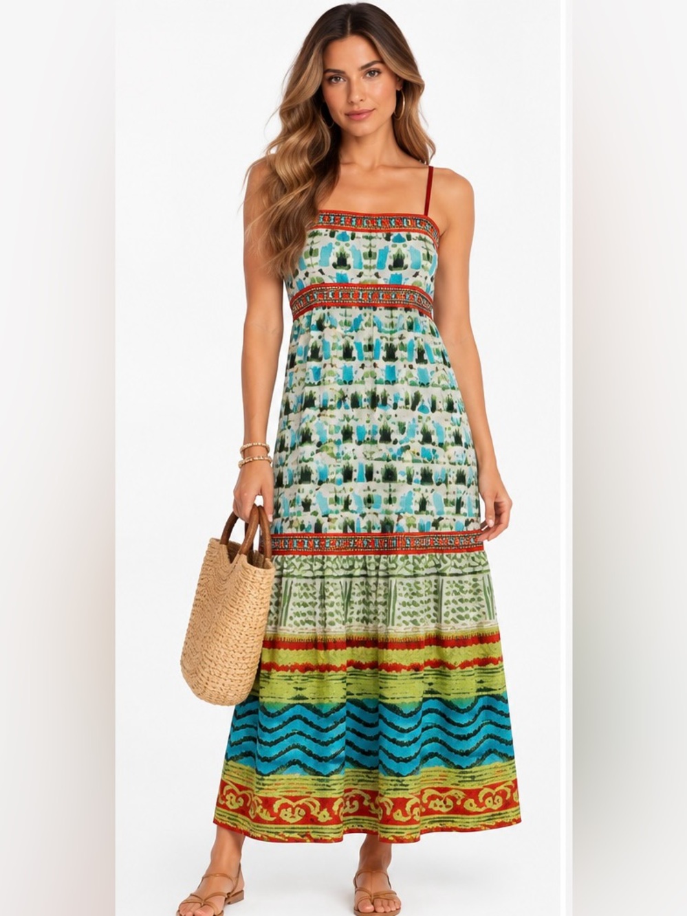 Red beaded Trim Multi-Color Printed cotton Sundress